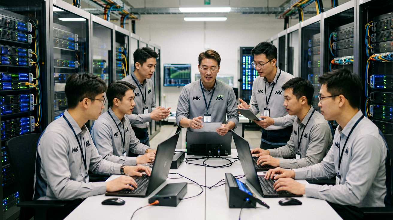 MK体育科技团队在数据中心进行赛事数据分析工作